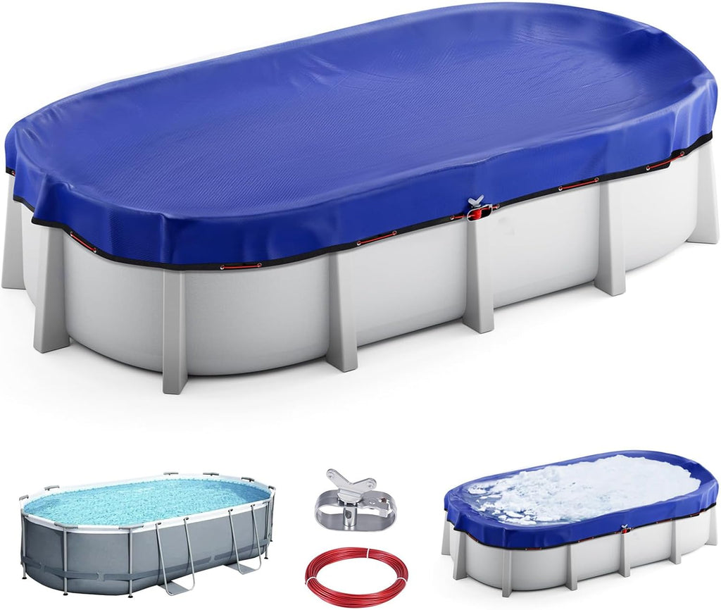 UIRWAY Upgraded 15x30 ft Oval Winter Pool Cover- 200gsm Heavy Duty Fabric Pool Cover for Above Ground Pools, Extra Thick & Durable, Cold and UV Resistant, Includes Winch and Cable Set
