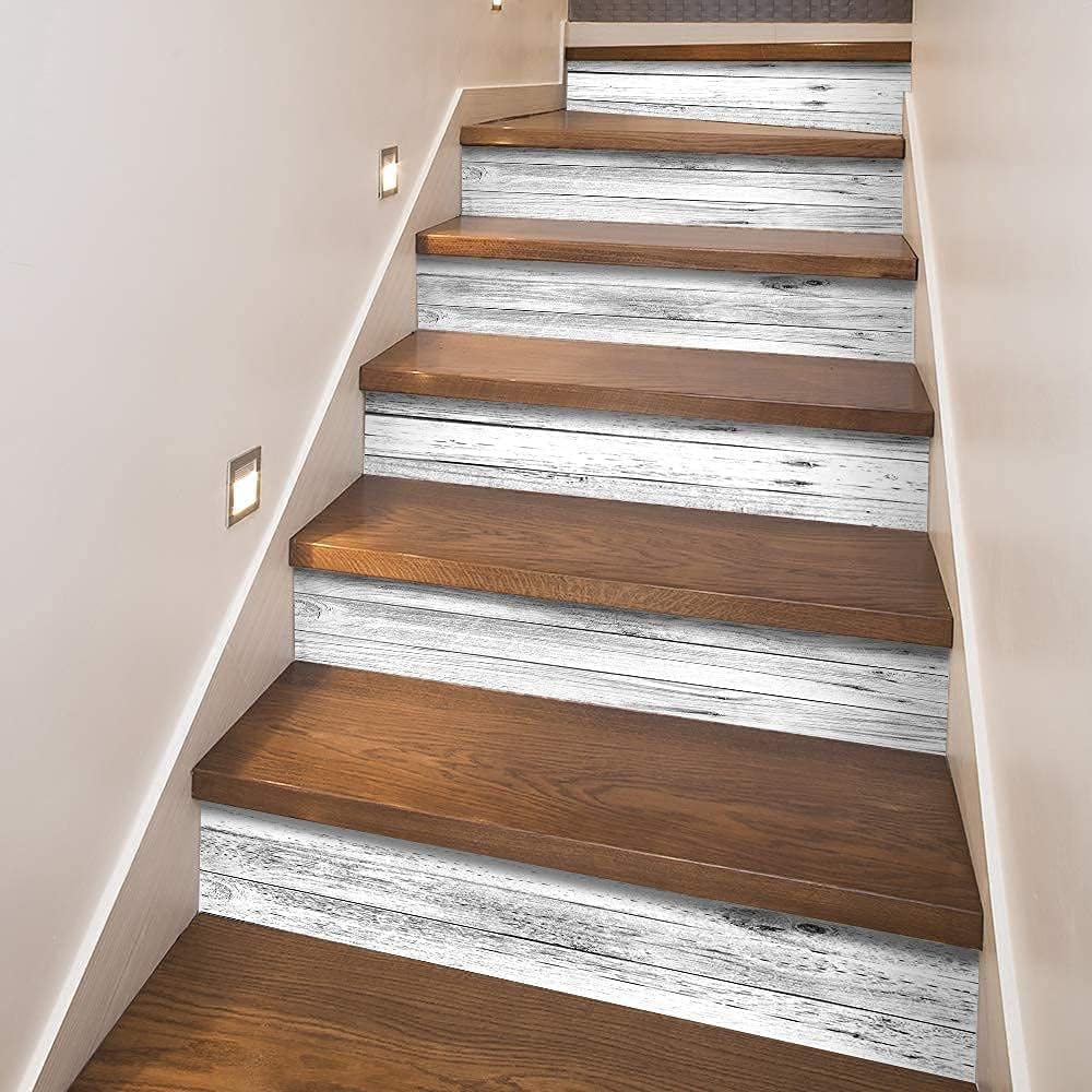 funlife 14 Strips Stair Risers Stickers, Peel and Stick Vinyl Staircase Sticker Decals Decor for Stair Steps, 39.37"x7.09", Faux Weathered Brown Wood