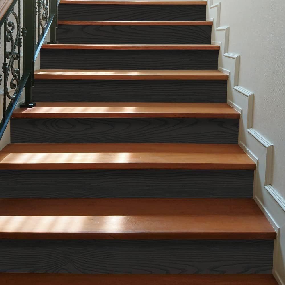 funlife Long Strip Faux Black Wood Stair Riser Decals Peel and Stick, Black Stair Riser Stickers Self Adhesive Vinyl Stairway Stickers for Entryway, Staircase Step Decals for Home Decor, 7.87"X590.55"