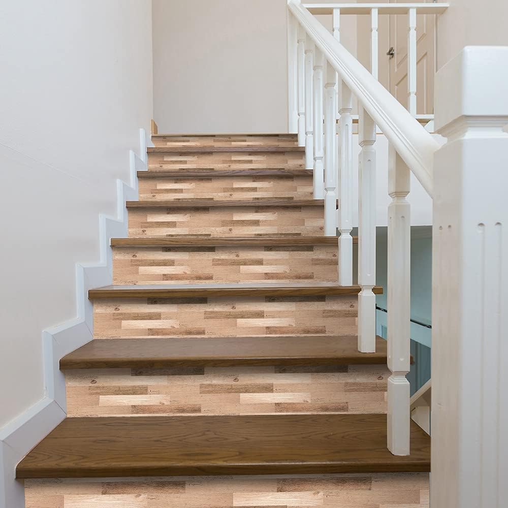 funlife 14 Strips Stair Risers Stickers, Peel and Stick Vinyl Staircase Sticker Decals Decor for Stair Steps, 39.37"x7.09", Faux Weathered Brown Wood