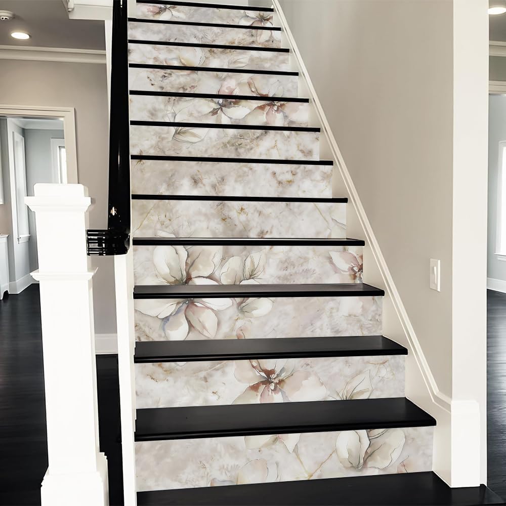 REDAMANCY Boho Orange Sunset Sea Wave Landscape Abstract Peel and Stick Vinyl Stair Riser Decals Staircase Tile Stickers Decor Modern Marble Decoration Self-Adhesive(14 Pcs)