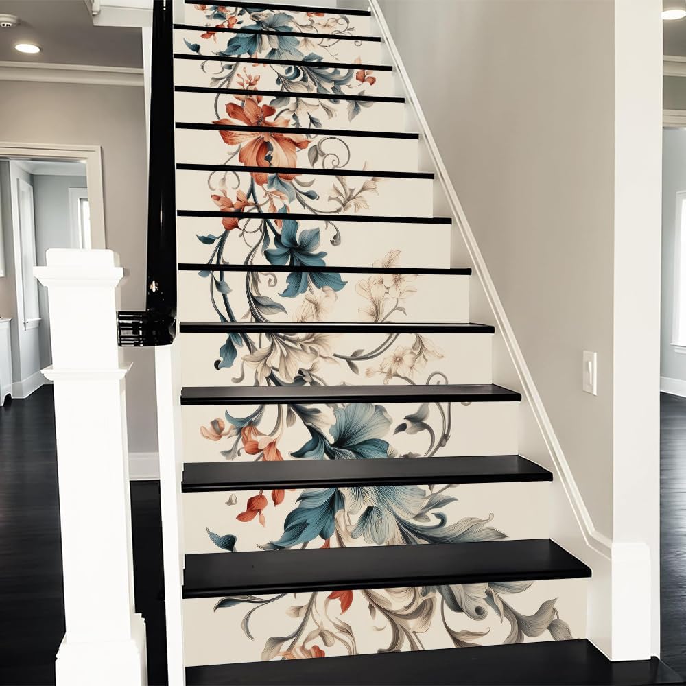 REDAMANCY Boho Orange Sunset Sea Wave Landscape Abstract Peel and Stick Vinyl Stair Riser Decals Staircase Tile Stickers Decor Modern Marble Decoration Self-Adhesive(14 Pcs)
