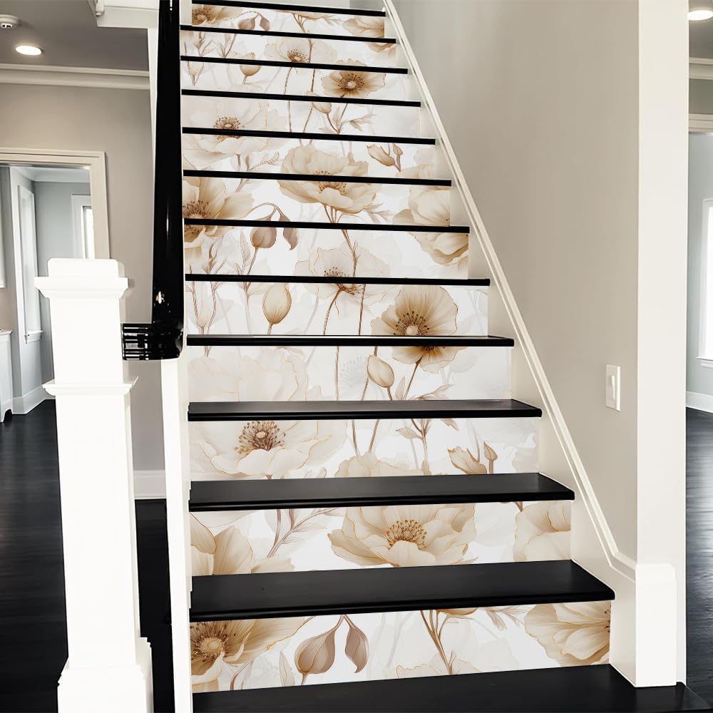 REDAMANCY Boho Orange Sunset Sea Wave Landscape Abstract Peel and Stick Vinyl Stair Riser Decals Staircase Tile Stickers Decor Modern Marble Decoration Self-Adhesive(14 Pcs)