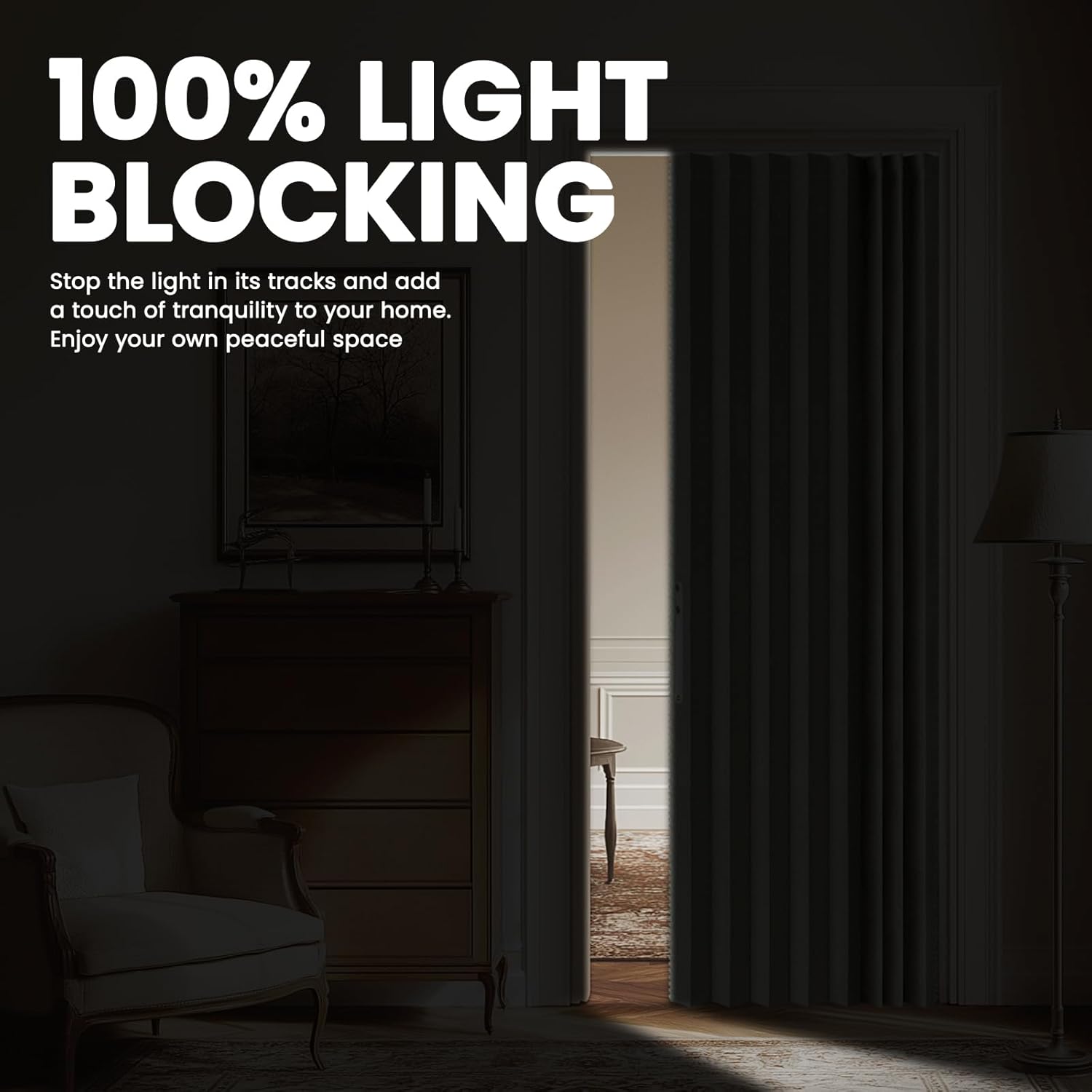 AJAZZ 100% Blackout Magnetic Accordion Door Curtain - Invisible Folding Panel for Bedroom, Living Room, Doorway - Curtain Sets Includes Tracks (1 Panel, 43W x 79L, Grey)