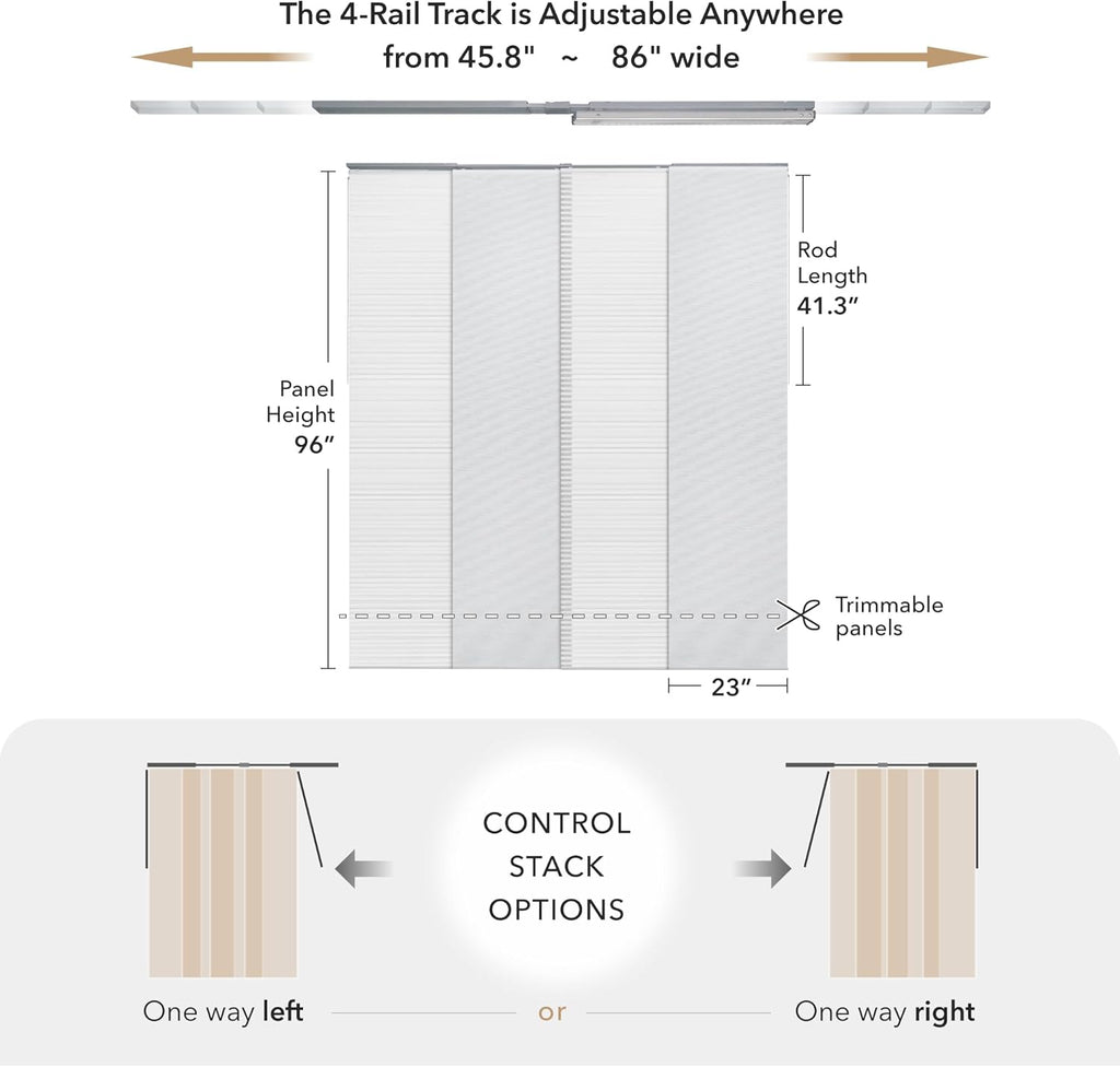 GoDear Design Adjustable Sliding Panel Hanging Room Dividers, Vertical Blind for Windows Doors, Extendable Track from 45.8" to 86" W, Trimmable Panel Curtains Up to 96", Semi-Sheer, Eclipse