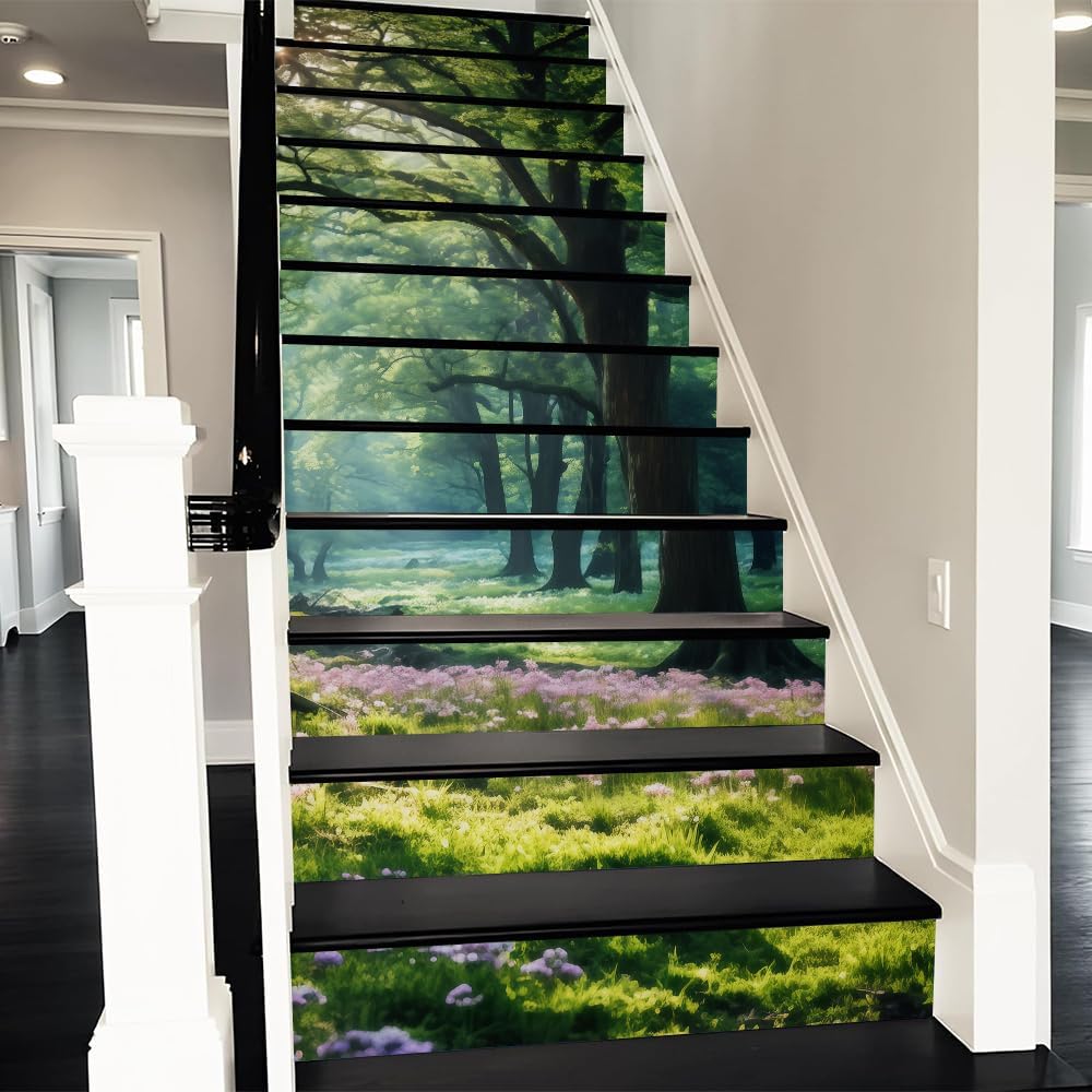 REDAMANCY Boho Orange Sunset Sea Wave Landscape Abstract Peel and Stick Vinyl Stair Riser Decals Staircase Tile Stickers Decor Modern Marble Decoration Self-Adhesive(14 Pcs)