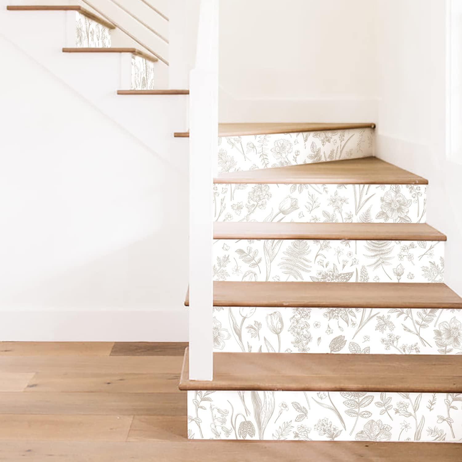 funlife 15Pcs Vinyl Peel and Stick Stair Riser Stickers, Self-Adhesive Staircase Riser Decals, 39.37"x7.09" Botanical Flowers and Meadow