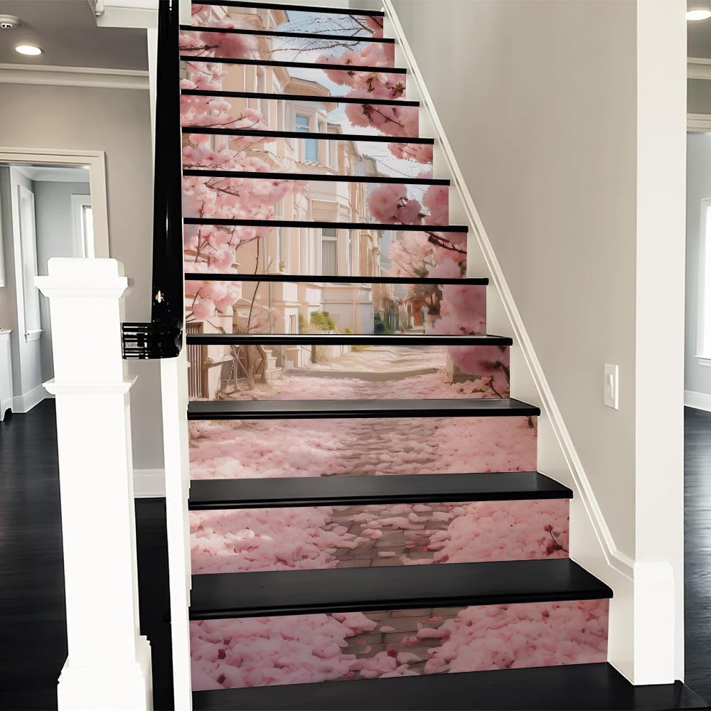 REDAMANCY Boho Orange Sunset Sea Wave Landscape Abstract Peel and Stick Vinyl Stair Riser Decals Staircase Tile Stickers Decor Modern Marble Decoration Self-Adhesive(14 Pcs)