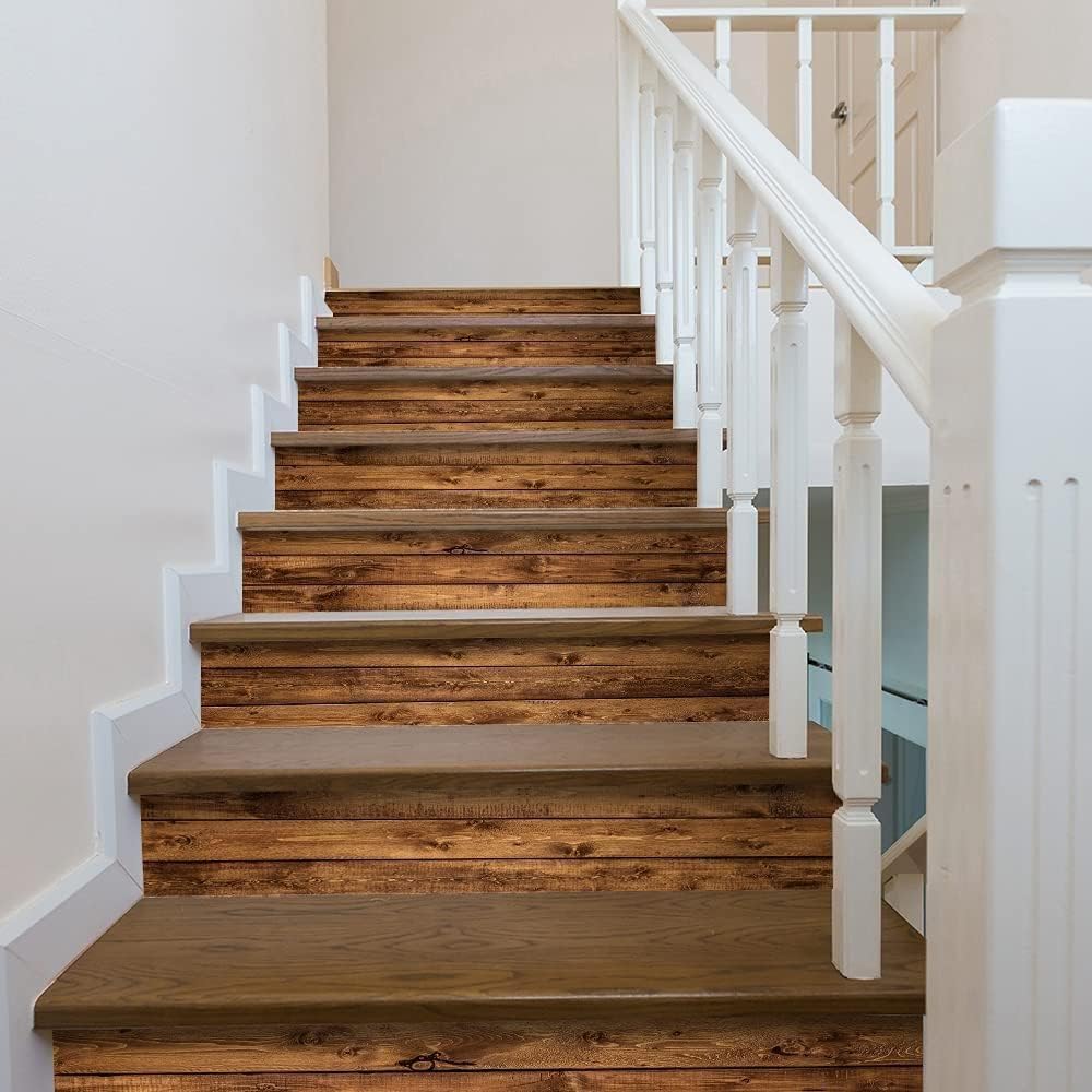 funlife 14 Strips Stair Risers Stickers, Peel and Stick Vinyl Staircase Sticker Decals Decor for Stair Steps, 39.37"x7.09", Faux Weathered Brown Wood