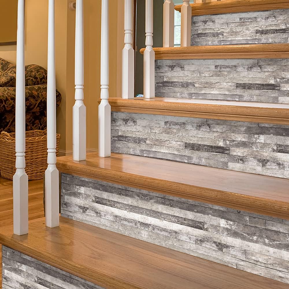 funlife 14 Strips Stair Risers Stickers, Peel and Stick Vinyl Staircase Sticker Decals Decor for Stair Steps, 39.37"x7.09", Faux Weathered Brown Wood