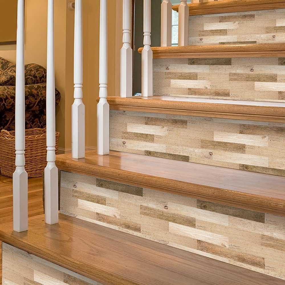 funlife 14 Strips Stair Risers Stickers, Peel and Stick Vinyl Staircase Sticker Decals Decor for Stair Steps, 39.37"x7.09", Faux Weathered Brown Wood