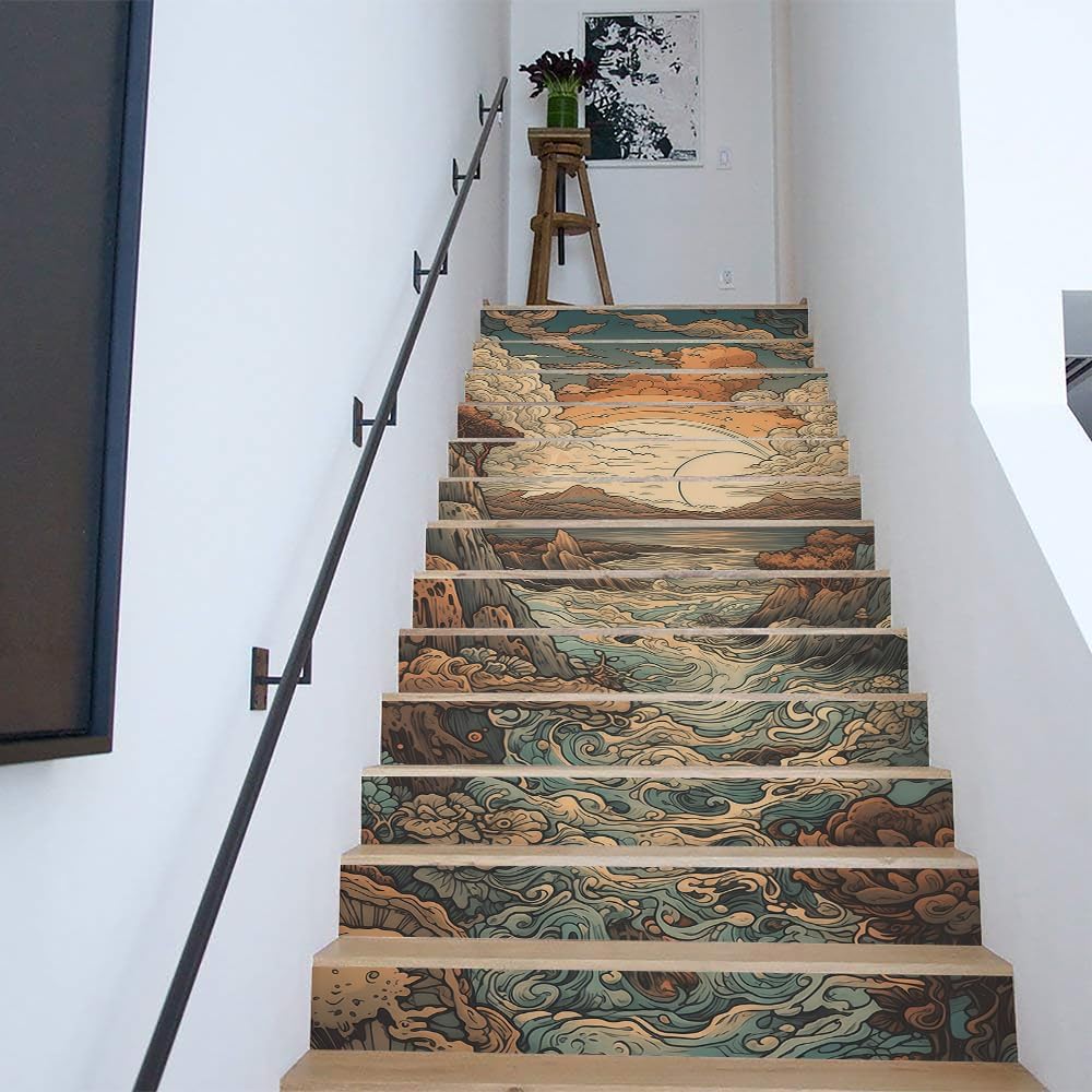 REDAMANCY Boho Orange Sunset Sea Wave Landscape Abstract Peel and Stick Vinyl Stair Riser Decals Staircase Tile Stickers Decor Modern Marble Decoration Self-Adhesive(14 Pcs)