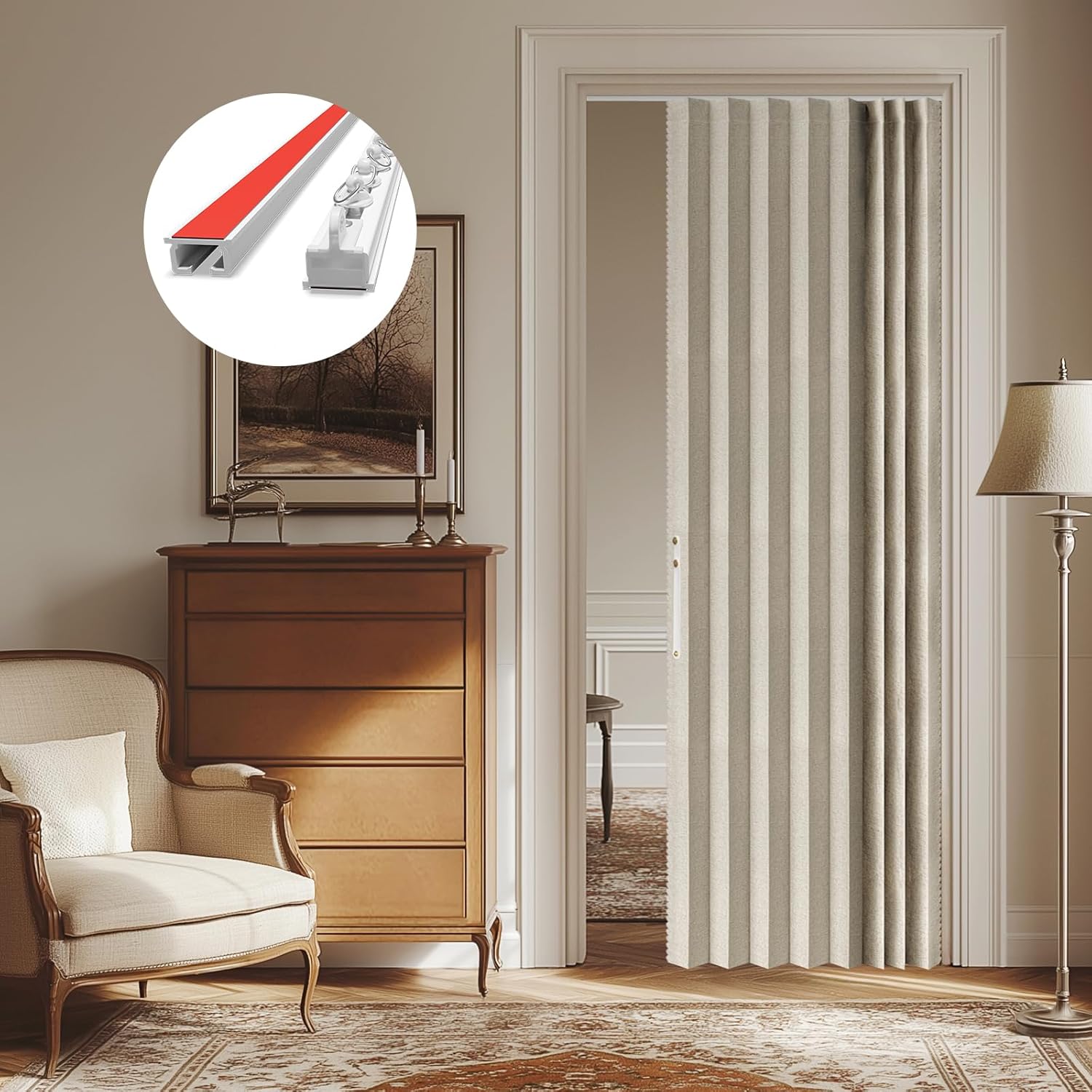 AJAZZ 100% Blackout Magnetic Accordion Door Curtain - Invisible Folding Panel for Bedroom, Living Room, Doorway - Curtain Sets Includes Tracks (1 Panel, 43W x 79L, Grey)