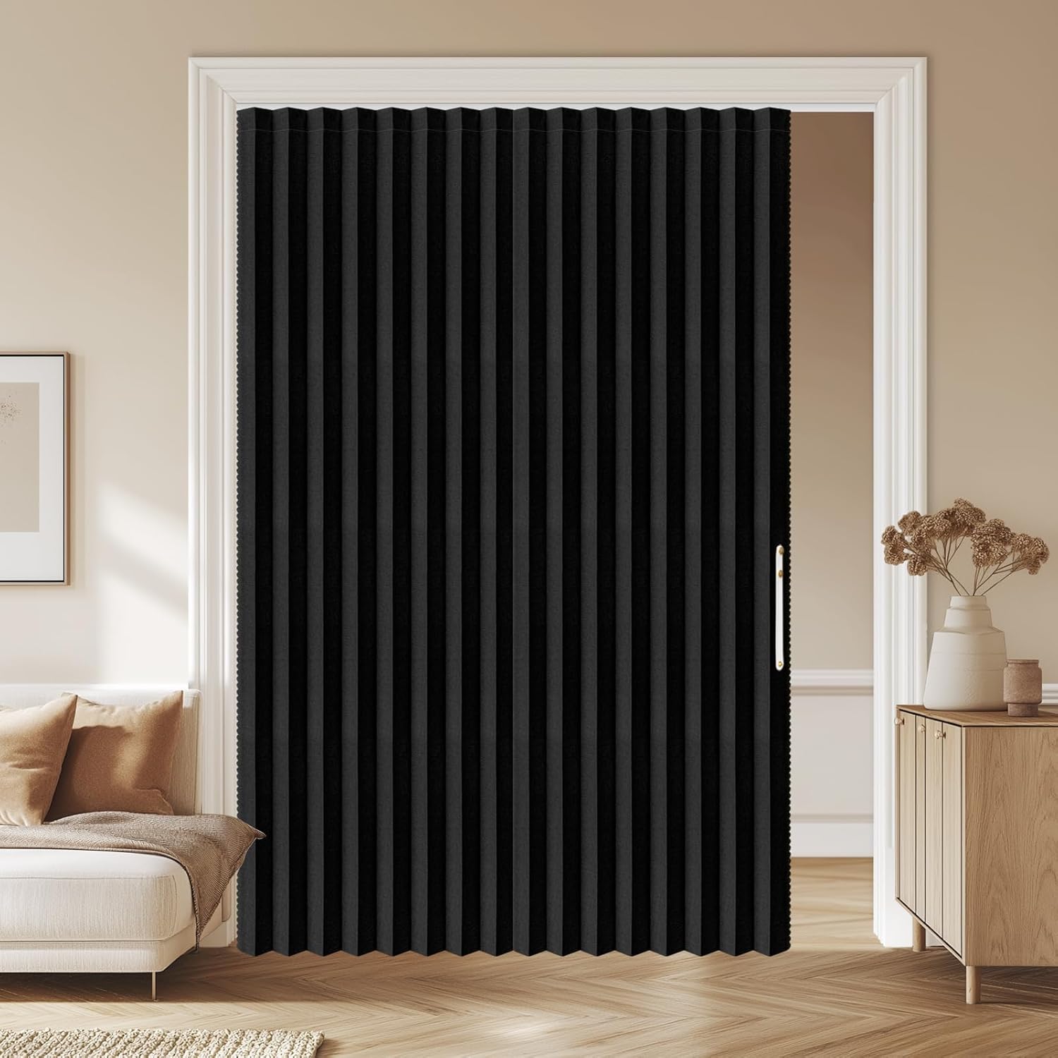 AJAZZ 100% Blackout Magnetic Accordion Door Curtain - Invisible Folding Panel for Bedroom, Living Room, Doorway - Curtain Sets Includes Tracks (1 Panel, 43W x 79L, Grey)