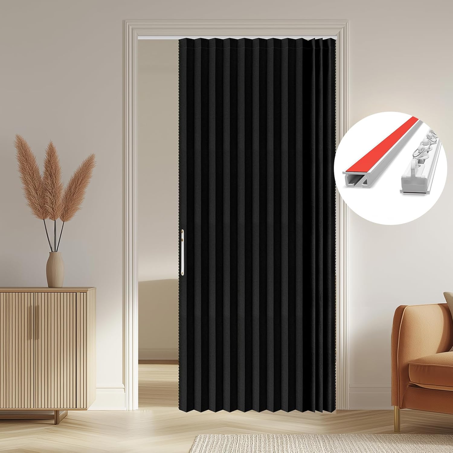 AJAZZ 100% Blackout Magnetic Accordion Door Curtain - Invisible Folding Panel for Bedroom, Living Room, Doorway - Curtain Sets Includes Tracks (1 Panel, 43W x 79L, Grey)