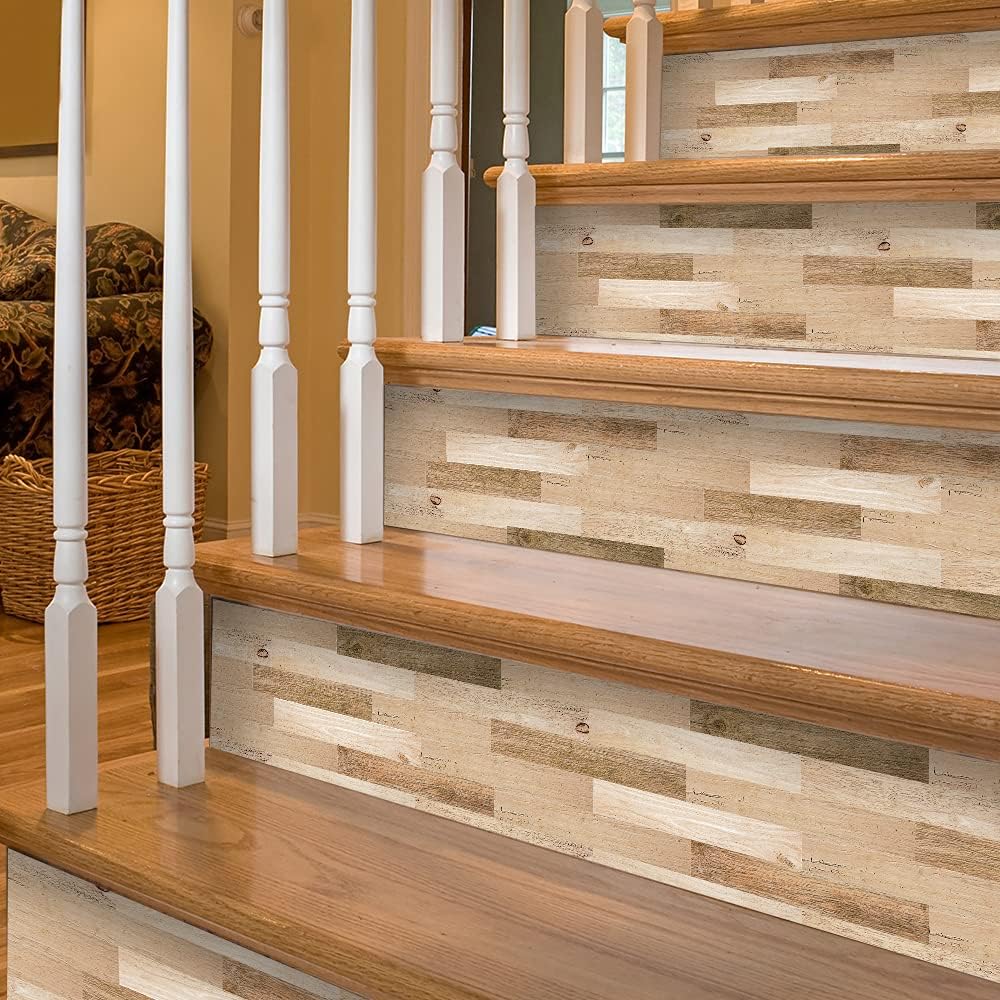 funlife 14 Strips Stair Risers Stickers, Peel and Stick Vinyl Staircase Sticker Decals Decor for Stair Steps, 39.37"x7.09", Faux Weathered Brown Wood