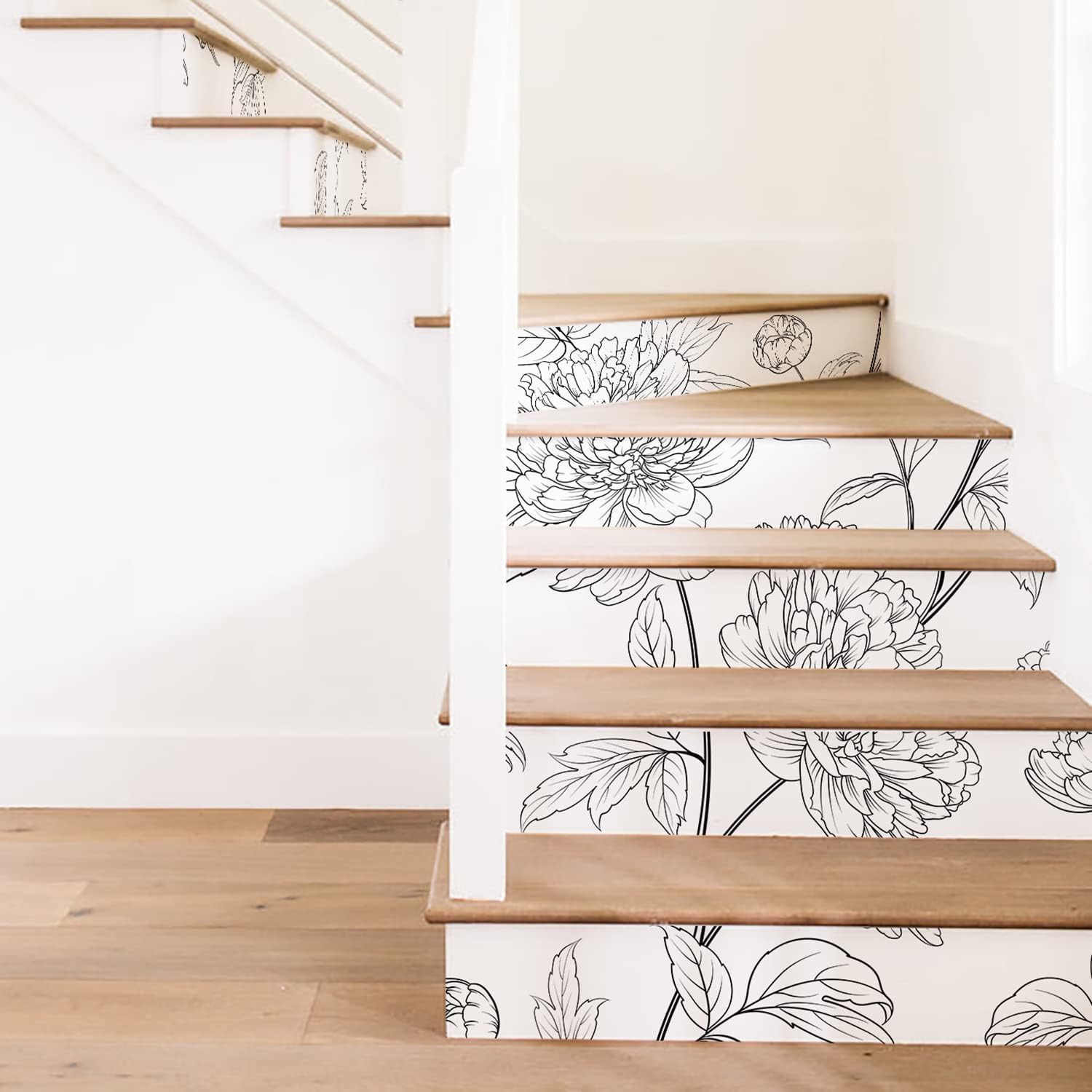 funlife 15Pcs Vinyl Peel and Stick Stair Riser Stickers, Self-Adhesive Staircase Riser Decals, 39.37"x7.09" Botanical Flowers and Meadow