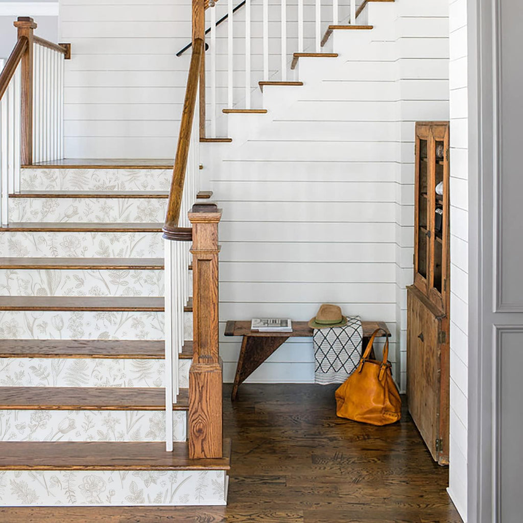 funlife 15Pcs Vinyl Peel and Stick Stair Riser Stickers, Self-Adhesive Staircase Riser Decals, 39.37"x7.09" Botanical Flowers and Meadow