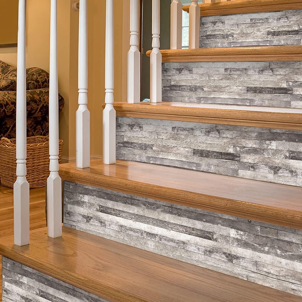funlife 14 Strips Stair Risers Stickers, Peel and Stick Vinyl Staircase Sticker Decals Decor for Stair Steps, 39.37"x7.09", Faux Weathered Brown Wood