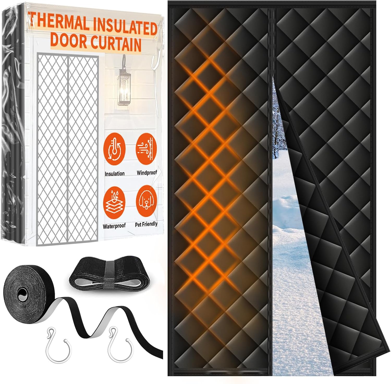 Upgraded Magnetic Thermal Insulated Door Curtain for Winter with Clear Window, Fit Door Size 32x80 in, Heavy Duty 4-Layer Oxford with Thicken Cotton, Self-Closing for Sliding Glass Doorways, Black