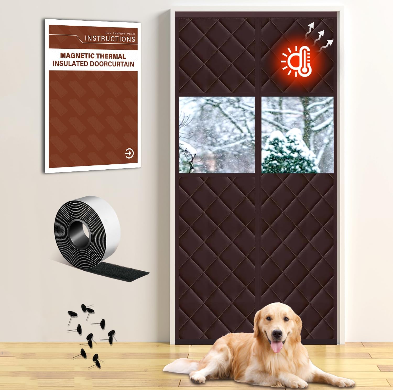 Insulated Magnetic Door Curtain for Winter, Thermal Door Cover with Triple-Layer Oxford Fabric, Windproof Cold Draft Blocker, Energy Saving Waterproof Curtain for Indoor Outdoor