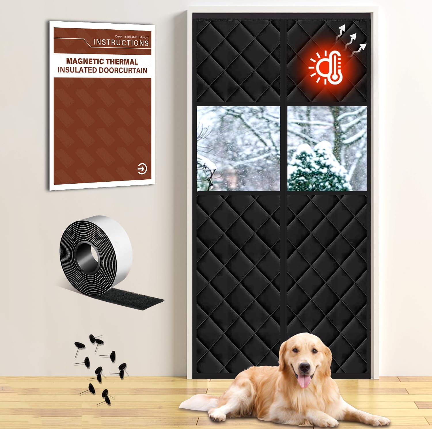 Insulated Magnetic Door Curtain for Winter, Thermal Door Cover with Triple-Layer Oxford Fabric, Windproof Cold Draft Blocker, Energy Saving Waterproof Curtain for Indoor Outdoor