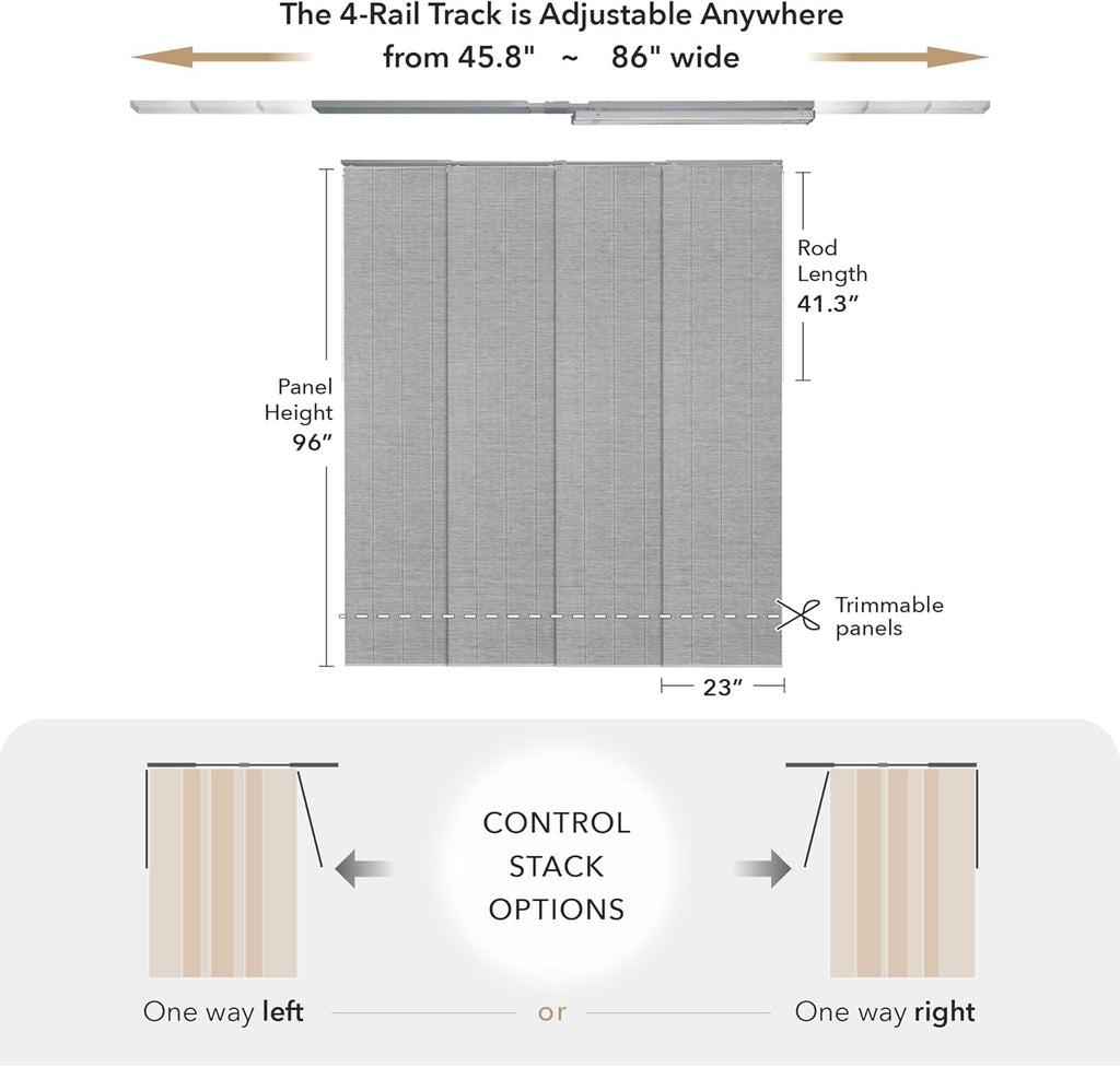 GoDear Design Adjustable Sliding Panel Hanging Room Dividers 45.8"- 86" W x 96" H, Extendable Vertical Blinds for Sliding Glass Doors, Closet Door Blinds Trimmable Fabric Panel Curtain Shades, Airo