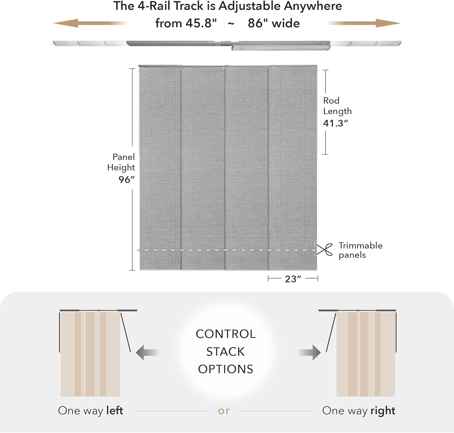 GoDear Design Adjustable Sliding Panel Hanging Room Dividers 45.8"- 86" W x 96" H, Extendable Vertical Blinds for Sliding Glass Doors, Closet Door Blinds Trimmable Fabric Panel Curtain Shades, Airo