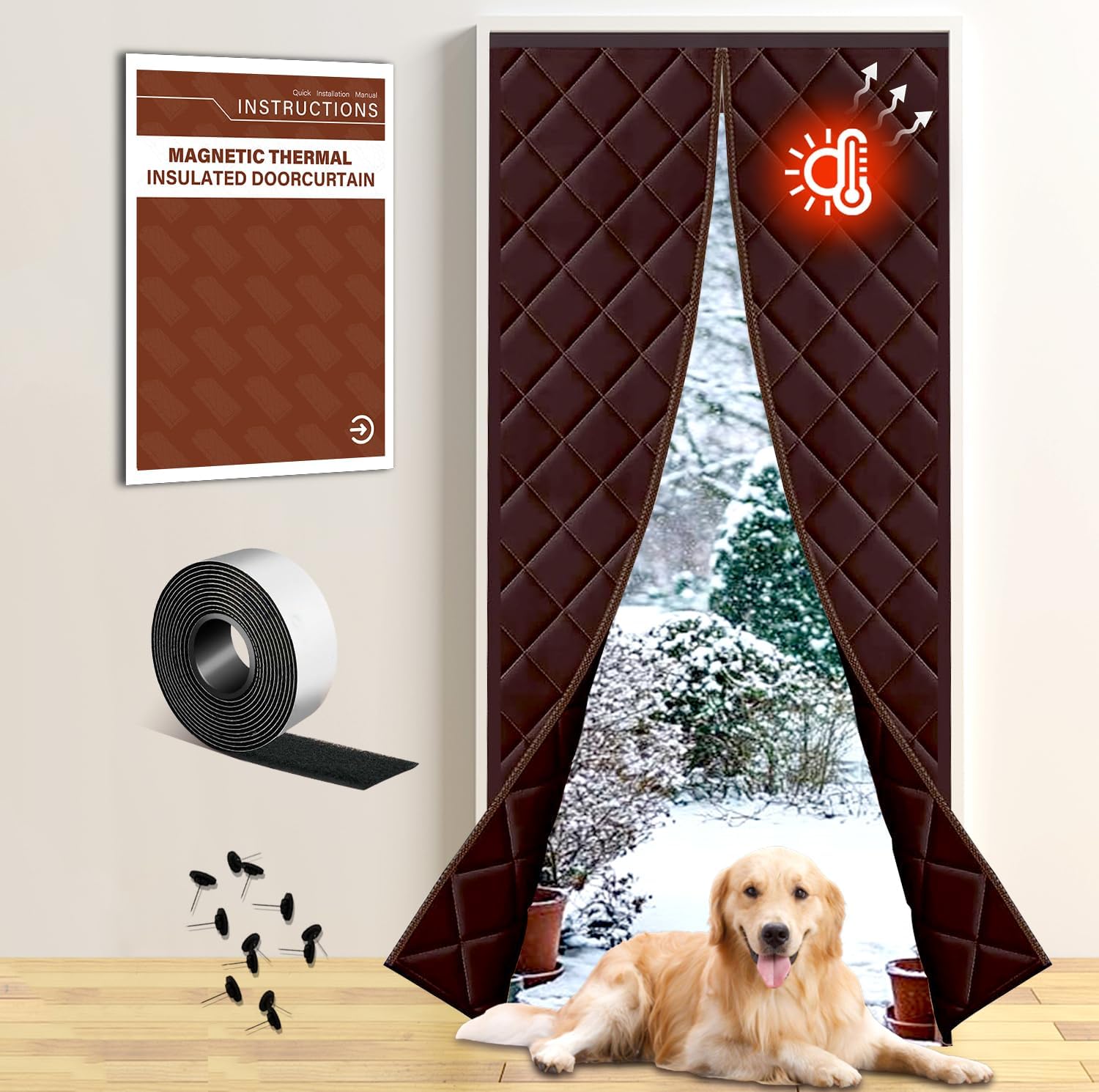 Insulated Magnetic Door Curtain for Winter, Thermal Door Cover with Triple-Layer Oxford Fabric, Windproof Cold Draft Blocker, Energy Saving Waterproof Curtain for Indoor Outdoor