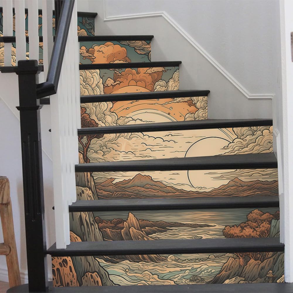 REDAMANCY Boho Orange Sunset Sea Wave Landscape Abstract Peel and Stick Vinyl Stair Riser Decals Staircase Tile Stickers Decor Modern Marble Decoration Self-Adhesive(14 Pcs)