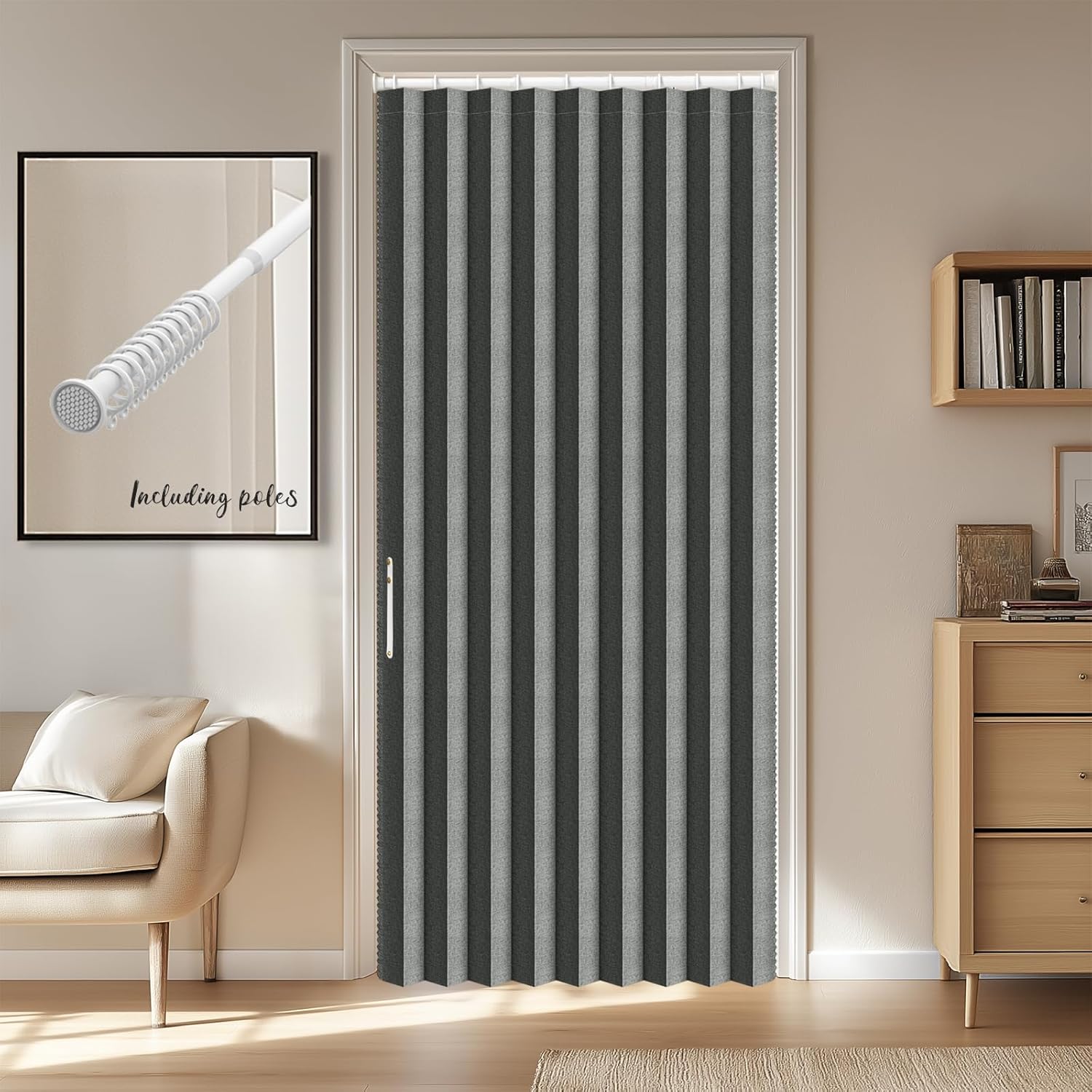 AJAZZ Blackout Accordion Door Invisible Folding Accordion Doors Interior Magnetic Door Curtain for Bedroom Living Room Doorway Curtain Sets Included Rod (1 Pack, 44W x 78 L, Dark Grey)