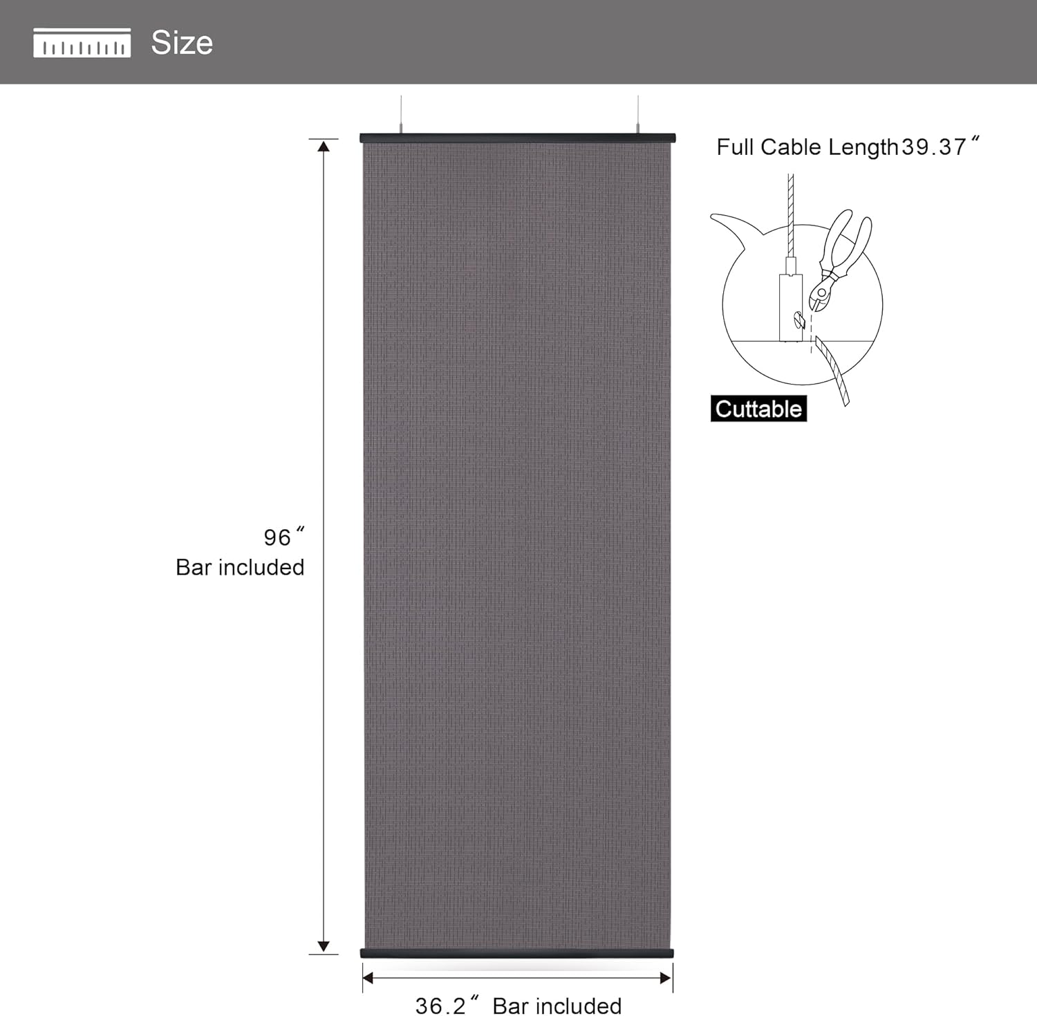 DECOLAB Hanging Panel Room Divider, Ceiling Mount Suspension Partition Panels for Open Floor Living, Bedroom, Office, Space Saving, 36" W x 96" L, Set of 2, Storm