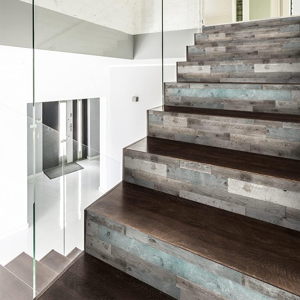 funlife 14 Strips Stair Risers Stickers, Peel and Stick Vinyl Staircase Sticker Decals Decor for Stair Steps, 39.37"x7.09", Faux Weathered Brown Wood