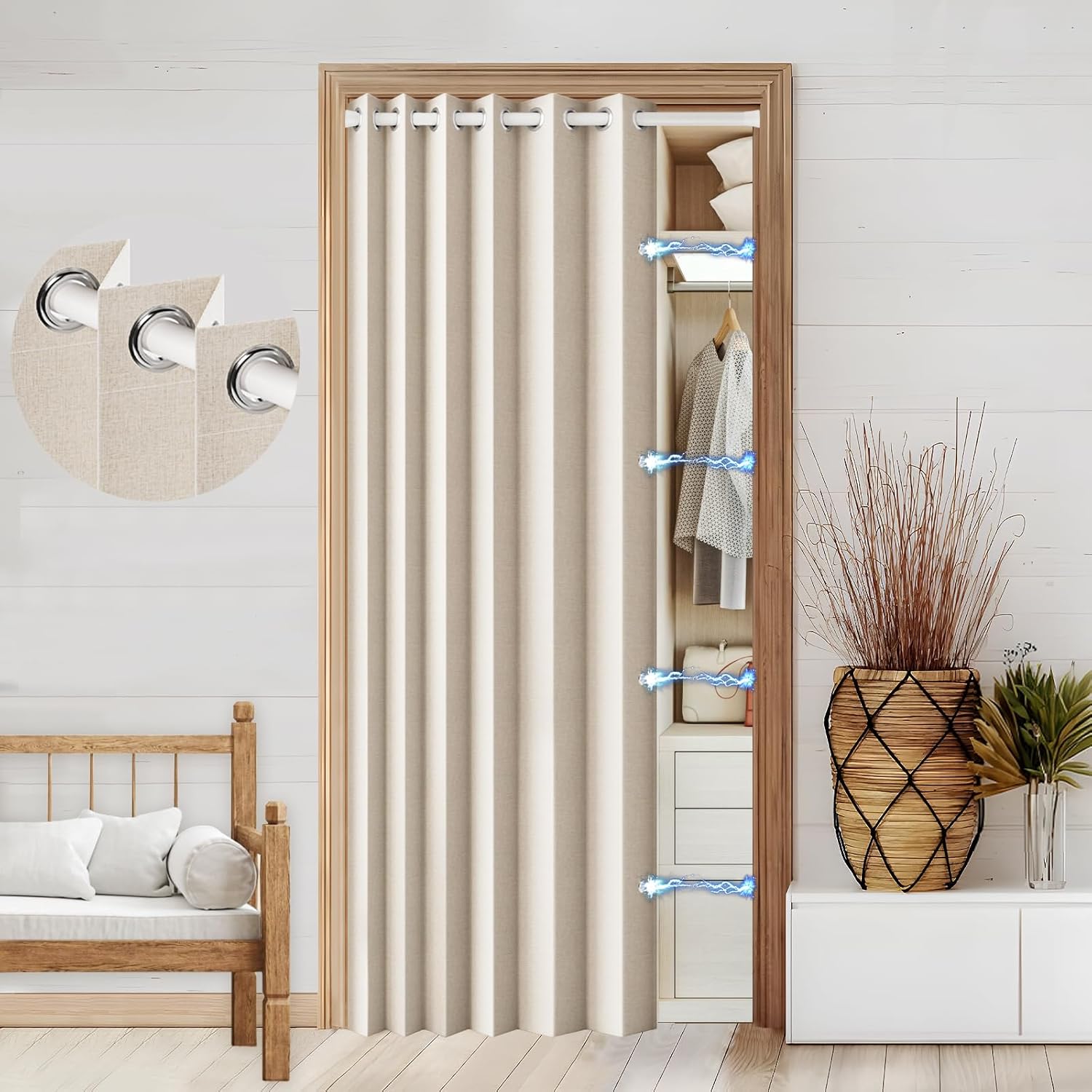 100% Blackout Accordion Style Door Curtain for Doorways Privacy Magnetic Door Curtain, Temporary Doors for A Room Privacy, 1 Panel, W45 x L80, Black