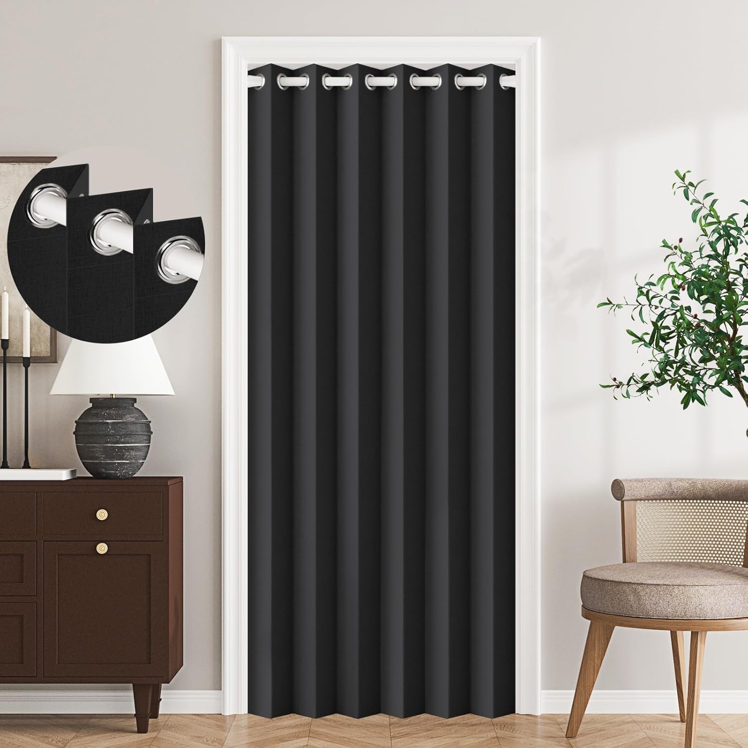 100% Blackout Accordion Style Door Curtain for Doorways Privacy Magnetic Door Curtain, Temporary Doors for A Room Privacy, 1 Panel, W45 x L80, Black