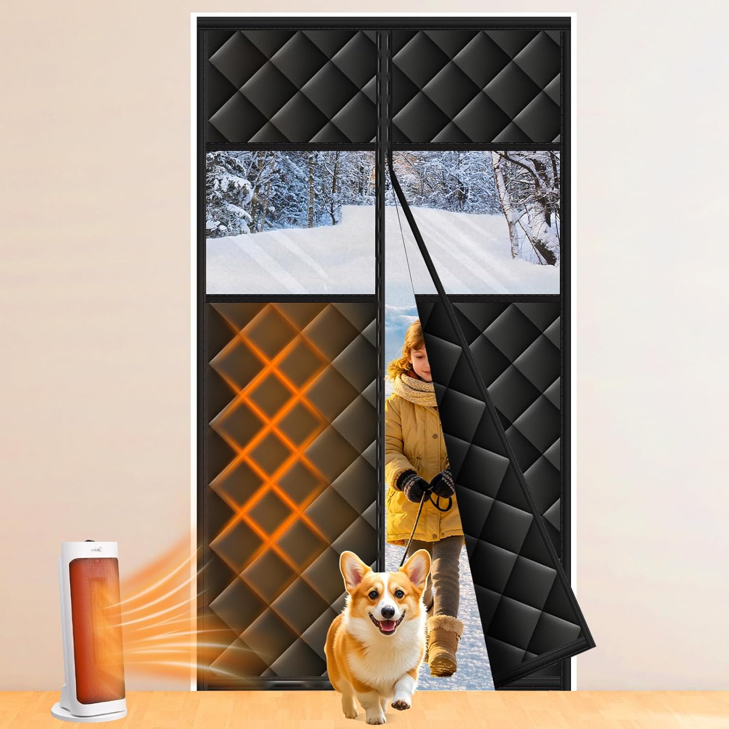 Upgraded Magnetic Thermal Insulated Door Curtain with Perspective Window, Weatherproof Oxford Cloth Filled with Cotton, Fit for Door Size 32" x 80", Doorway Curtains Size 35" x 82" Grey