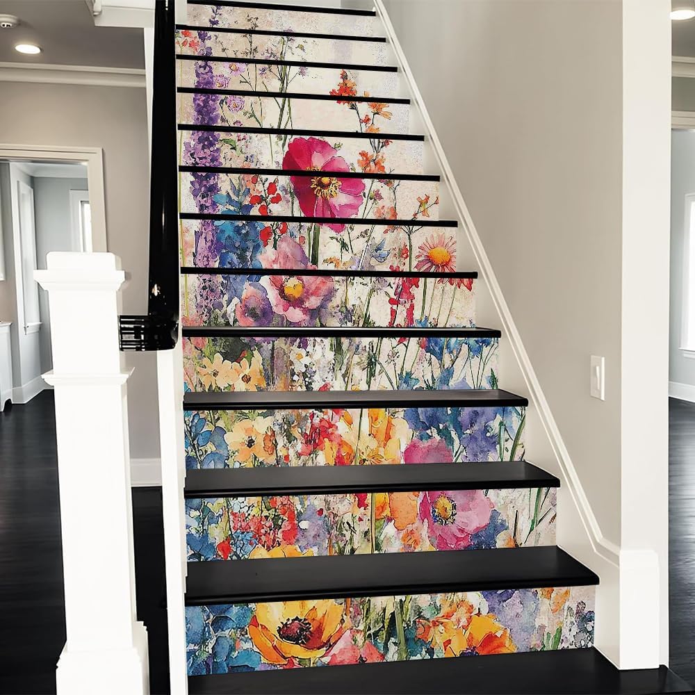 REDAMANCY Boho Orange Sunset Sea Wave Landscape Abstract Peel and Stick Vinyl Stair Riser Decals Staircase Tile Stickers Decor Modern Marble Decoration Self-Adhesive(14 Pcs)