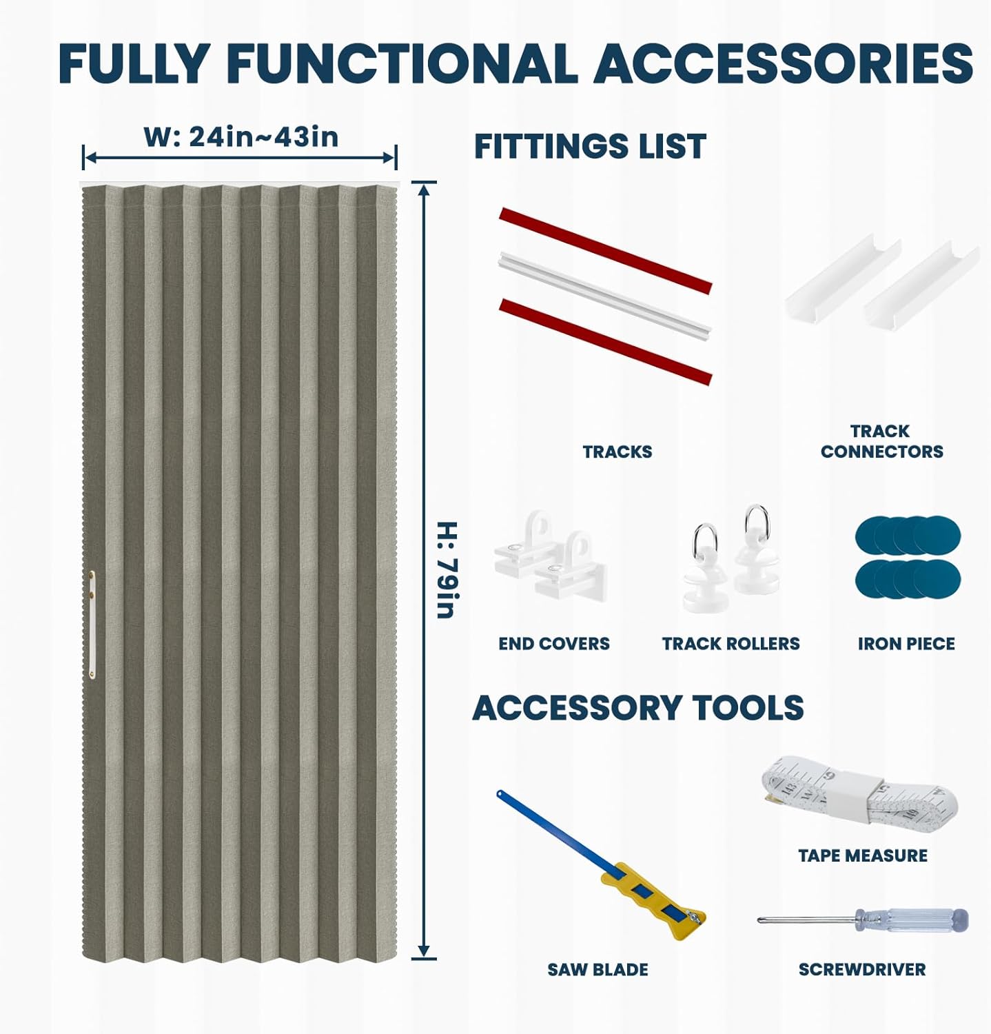 AJAZZ 100% Blackout Magnetic Accordion Door Curtain - Invisible Folding Panel for Bedroom, Living Room, Doorway - Curtain Sets Includes Tracks (1 Panel, 43W x 79L, Grey)