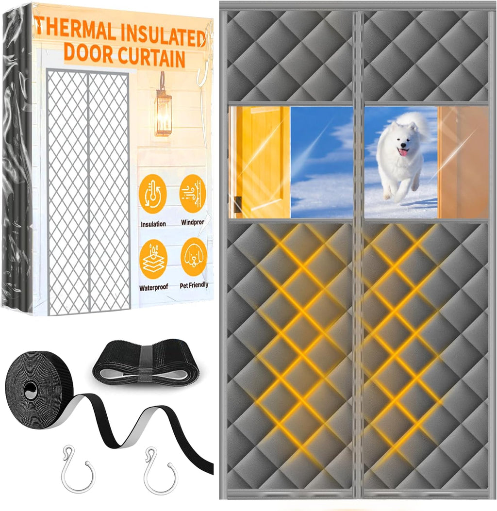 Upgraded Magnetic Thermal Insulated Door Curtain with Perspective Window, Weatherproof Oxford Cloth Filled with Cotton, Fit for Door Size 32" x 80", Doorway Curtains Size 35" x 82" Grey