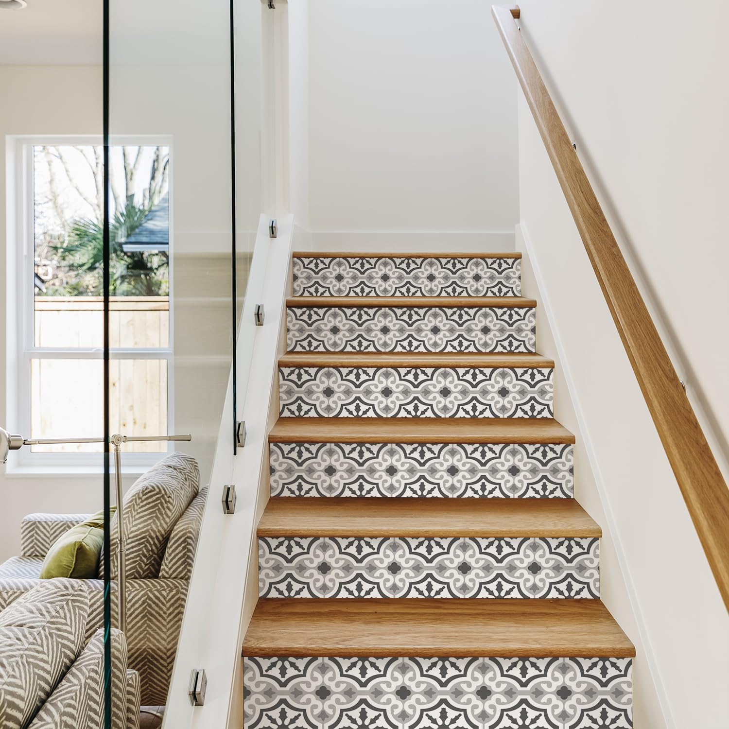 funlife 14 Strips Pure White Stair Riser Decals Peel and Stick, White Stair Riser Stickers Self Adhesive Vinyl Stairway Stickers for Entryway, Staircase Step Decals for Home Decor, 7.09“ x 47.24"