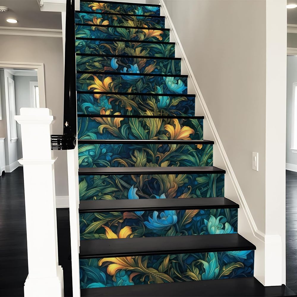 REDAMANCY Boho Orange Sunset Sea Wave Landscape Abstract Peel and Stick Vinyl Stair Riser Decals Staircase Tile Stickers Decor Modern Marble Decoration Self-Adhesive(14 Pcs)