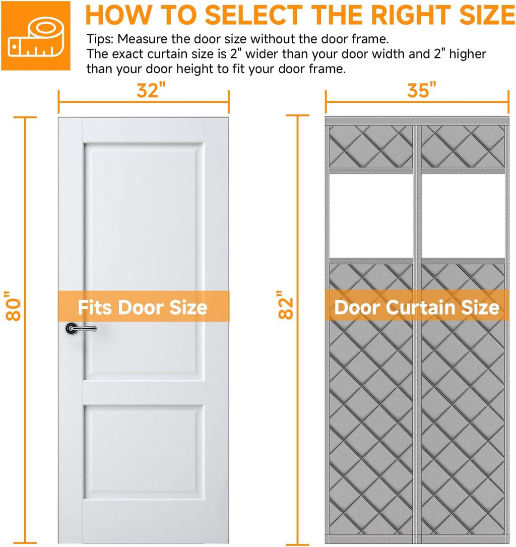 Upgraded Magnetic Thermal Insulated Door Curtain with Perspective Window, Weatherproof Oxford Cloth Filled with Cotton, Fit for Door Size 32" x 80", Doorway Curtains Size 35" x 82" Grey