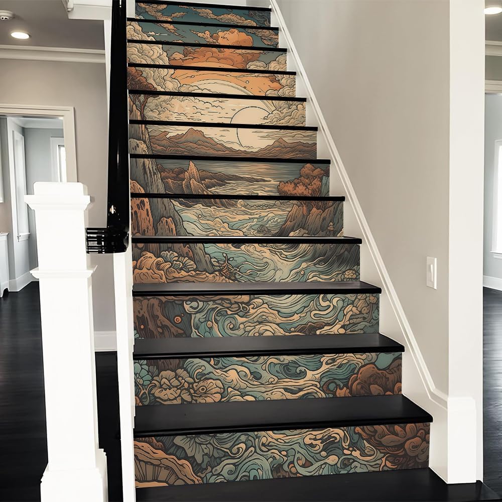 REDAMANCY Boho Orange Sunset Sea Wave Landscape Abstract Peel and Stick Vinyl Stair Riser Decals Staircase Tile Stickers Decor Modern Marble Decoration Self-Adhesive(14 Pcs)