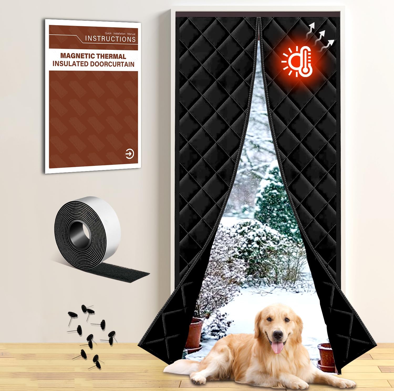 Insulated Magnetic Door Curtain for Winter, Thermal Door Cover with Triple-Layer Oxford Fabric, Windproof Cold Draft Blocker, Energy Saving Waterproof Curtain for Indoor Outdoor