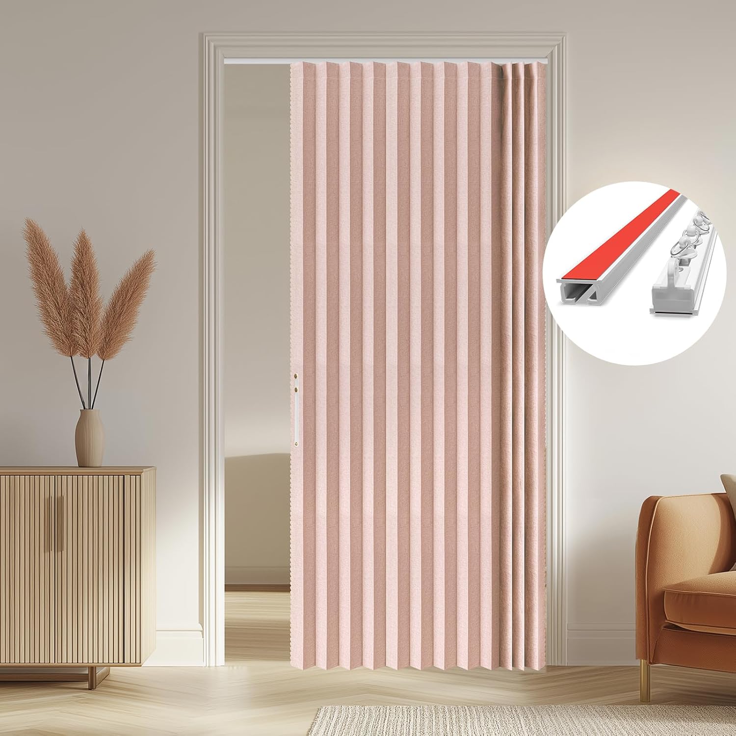 AJAZZ 100% Blackout Magnetic Accordion Door Curtain - Invisible Folding Panel for Bedroom, Living Room, Doorway - Curtain Sets Includes Tracks (1 Panel, 43W x 79L, Grey)