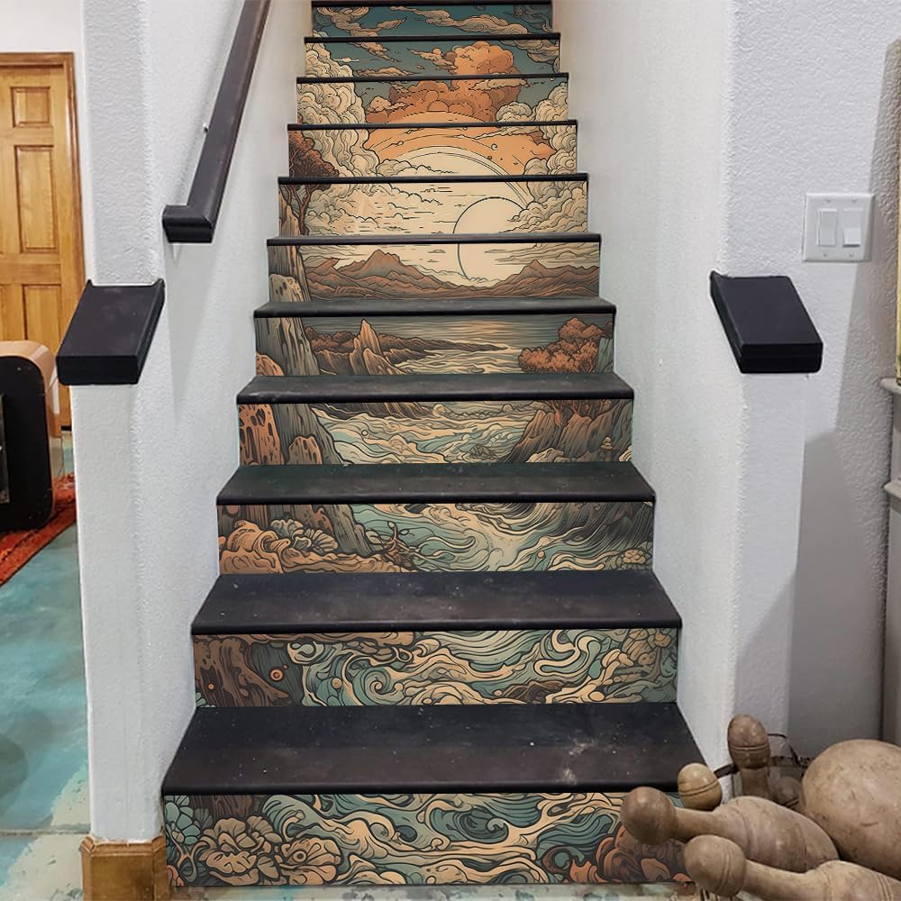 REDAMANCY Boho Orange Sunset Sea Wave Landscape Abstract Peel and Stick Vinyl Stair Riser Decals Staircase Tile Stickers Decor Modern Marble Decoration Self-Adhesive(14 Pcs)