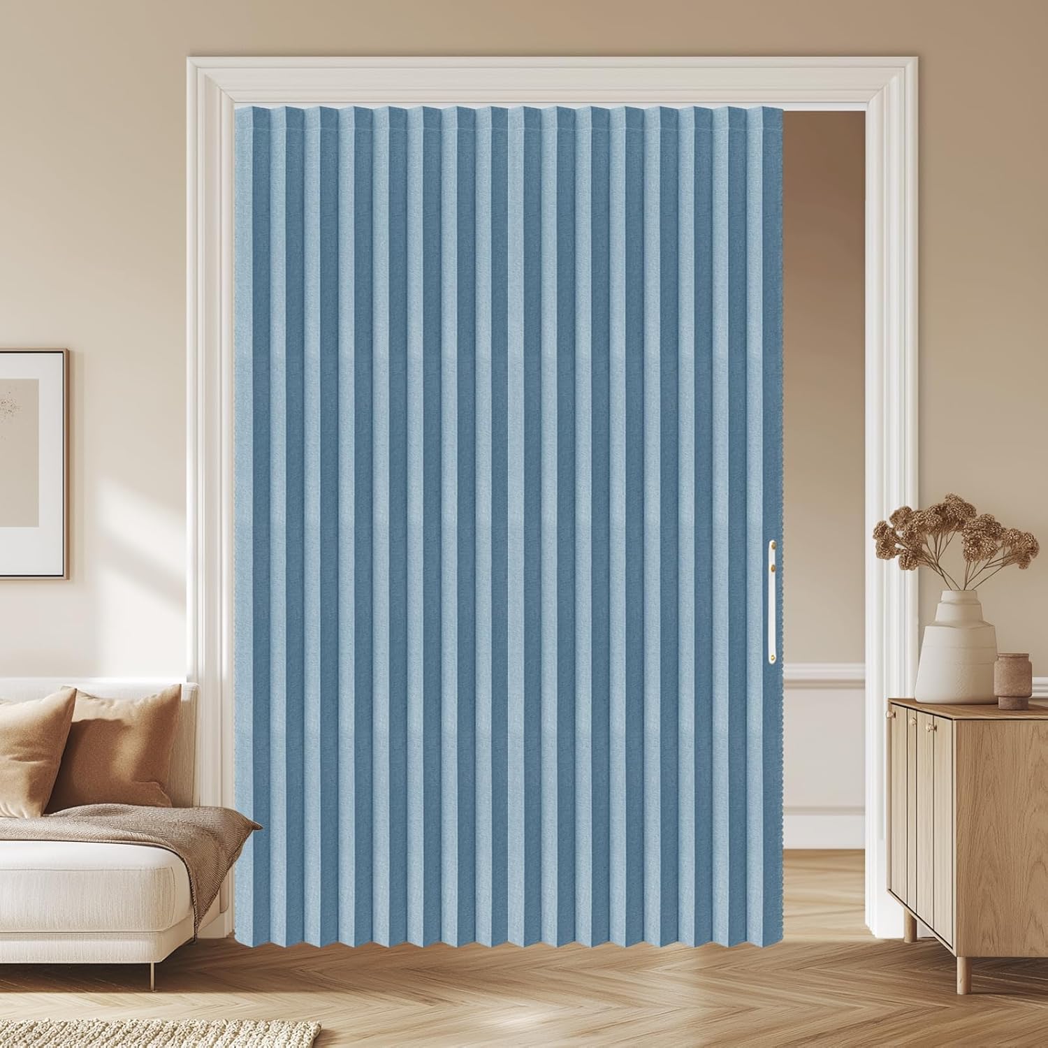 AJAZZ 100% Blackout Magnetic Accordion Door Curtain - Invisible Folding Panel for Bedroom, Living Room, Doorway - Curtain Sets Includes Tracks (1 Panel, 43W x 79L, Grey)