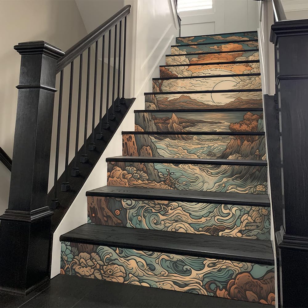 REDAMANCY Boho Orange Sunset Sea Wave Landscape Abstract Peel and Stick Vinyl Stair Riser Decals Staircase Tile Stickers Decor Modern Marble Decoration Self-Adhesive(14 Pcs)