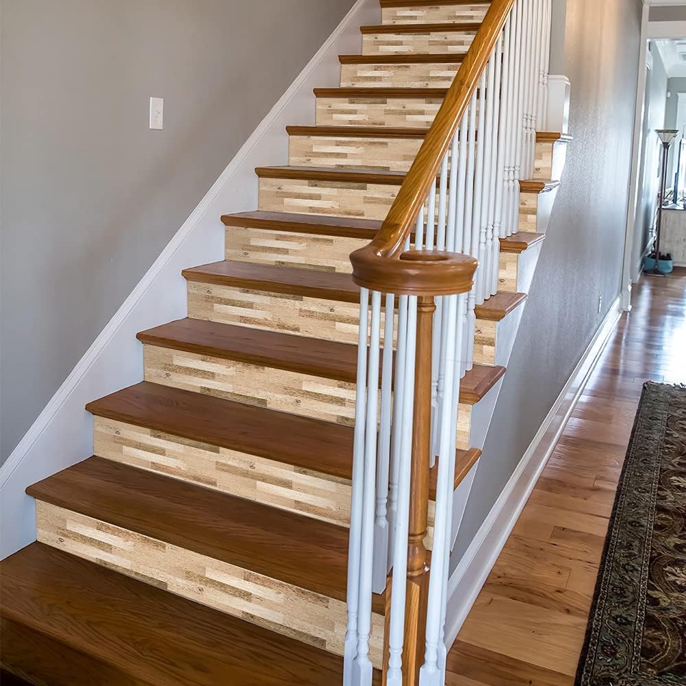 funlife 14 Strips Stair Risers Stickers, Peel and Stick Vinyl Staircase Sticker Decals Decor for Stair Steps, 39.37"x7.09", Faux Weathered Brown Wood