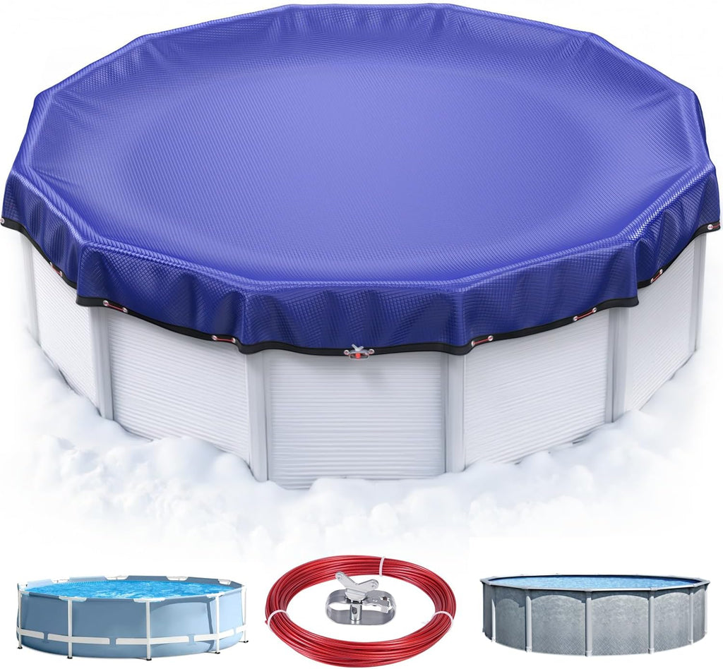UIRWAY Upgraded 15x30 ft Oval Winter Pool Cover- 200gsm Heavy Duty Fabric Pool Cover for Above Ground Pools, Extra Thick & Durable, Cold and UV Resistant, Includes Winch and Cable Set